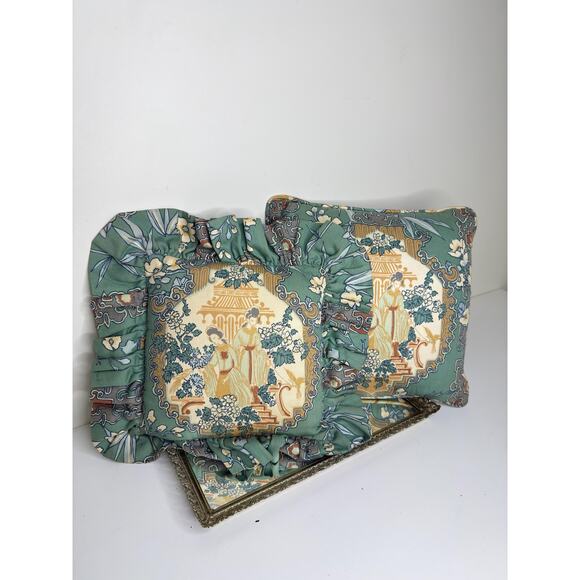 Set of Two Rare Sage Green Japanese Geisha Throw Pillows Chinioserie Garden - Picture 10 of 10